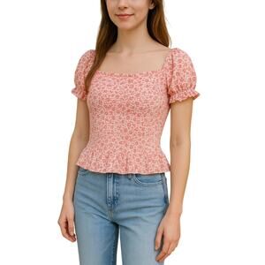 Promesa Floral Smocked Peplum Blouse Pink White Puff Sleeve Women’s Small NWT